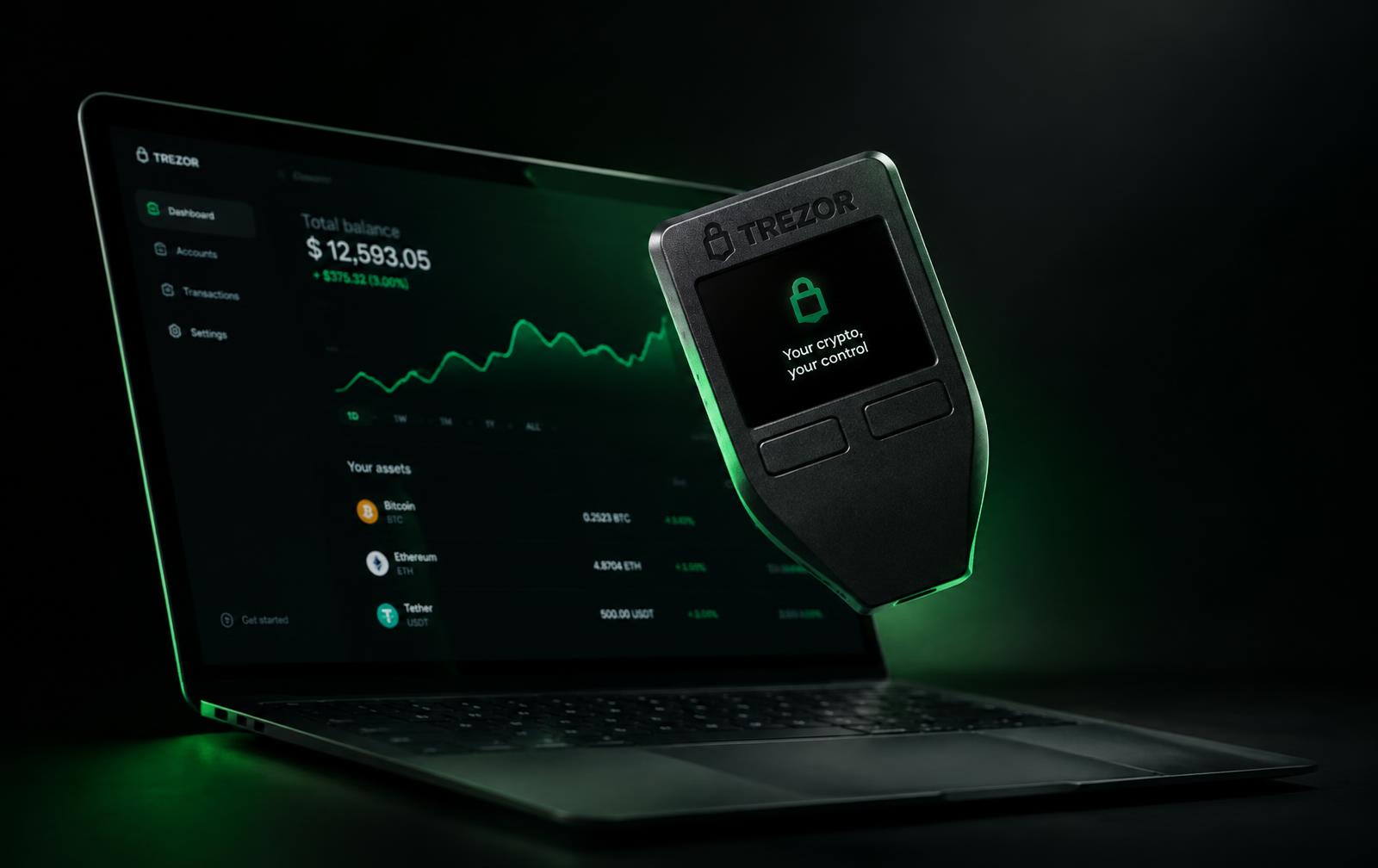 Trezor hardware wallet with Suite dashboard